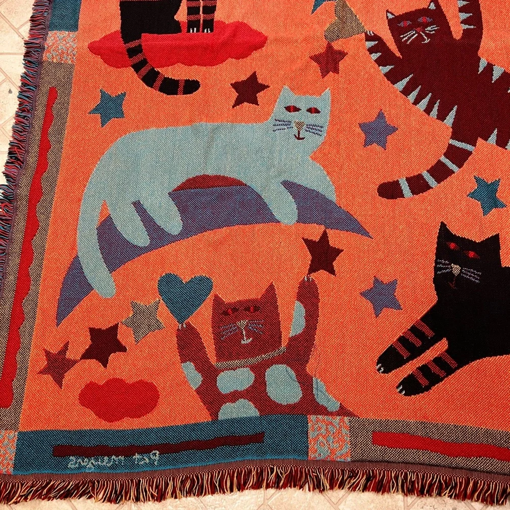 Goodwin Weavers Signed Pat Meyers Cotton Cat Fringe Throw Blanket - Picture 3 of 9